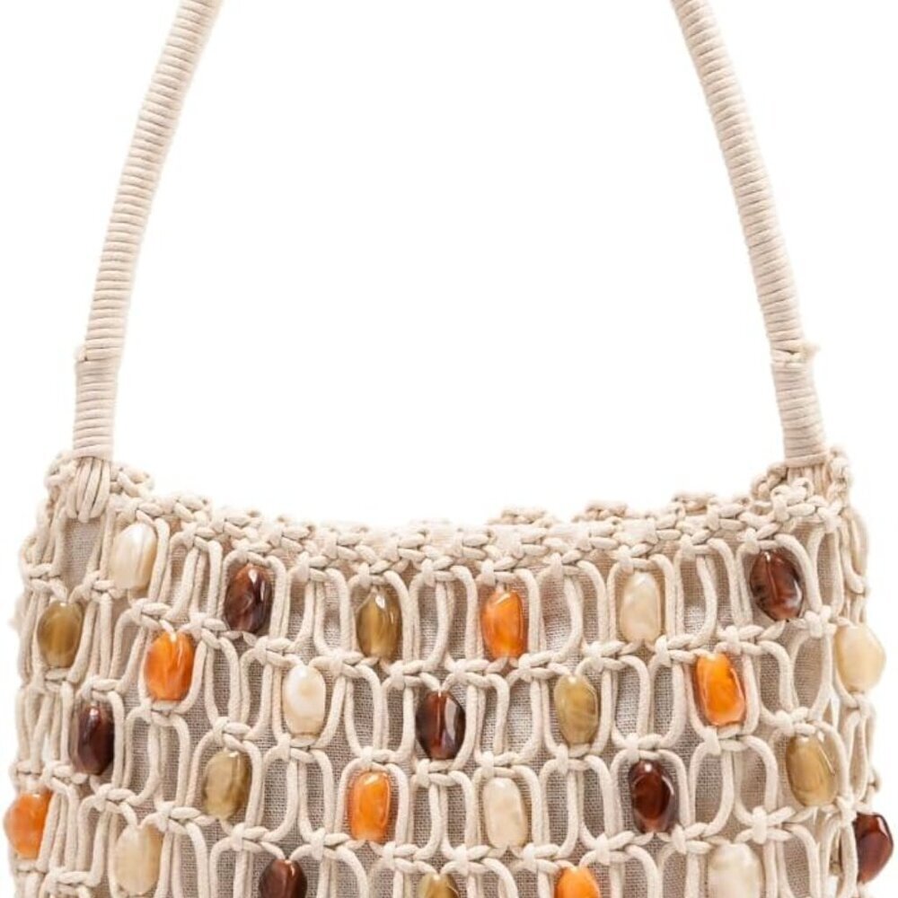 Boho Crochet Shoulder Bag Women's Beaded Beach Tote Summer Lightweight Purse